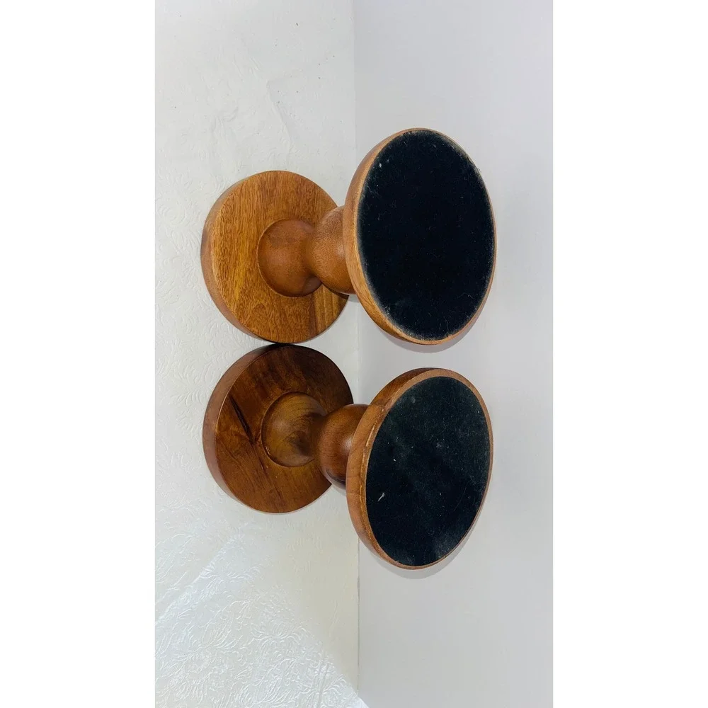 Pair Turned Wood Pillar Candle Holders Metal Insert Stand 8 Inch Farmhouse⁠